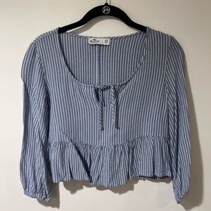 Hollister Blue and White Vertical Stripe Tie-Front Peplum Blouse